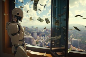 An artificial intelligence concept stands beside an open window with money blowing toward it.