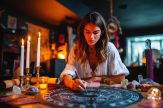A woman in a candlelit room with tarot cards and crystals draws a zodiac circle.