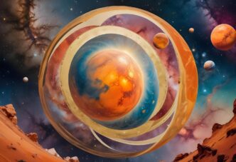 Contemporary art collage depicting Earth, Mars, and other planets floating against the backdrop of the Milky Way galaxy.