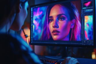 A young white man with short hair sits at a desk, facing a computer screen while editing video.