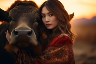 An Asian woman in traditional clothing embraces a buffalo cow in a sunset forest.