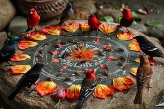 Two birds and several ants are gathered on a colorful kolam design outside a traditional building.