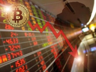 A graph depicts the declining value of Bitcoin, illustrating a financial crisis.