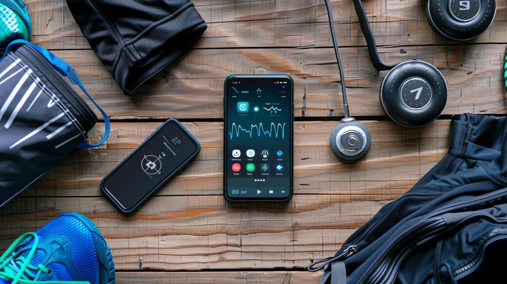 Black headphones, blue sneakers, a black backpack, and a smartphone displaying a fitness app are arranged on a wooden table.