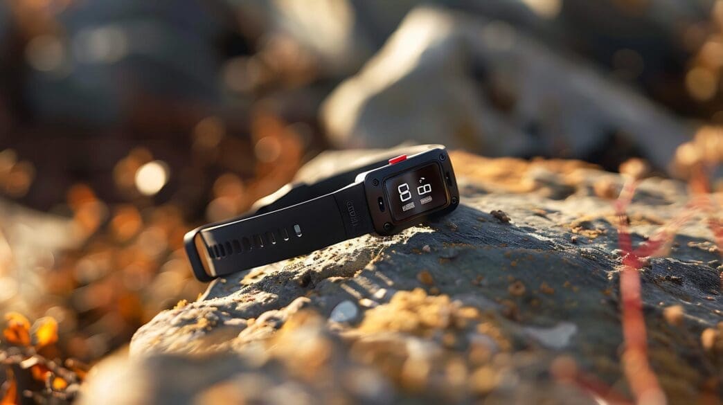 A black wristwatch displaying the number 88 rests on a rock.