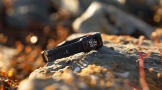 A black wristwatch displaying the number 88 rests on a rock.