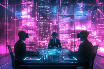 A group of diverse business people are gathered around a table, engaged in a meeting, with a futuristic cityscape visible through the windows.