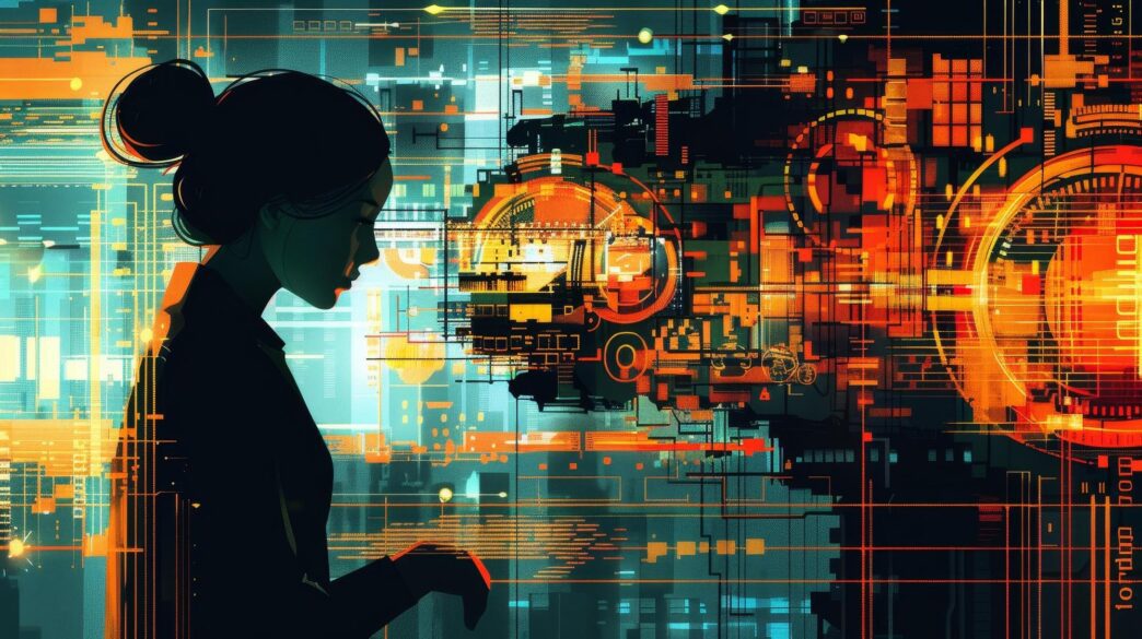 A woman operates complex, futuristic machinery in a digital illustration.