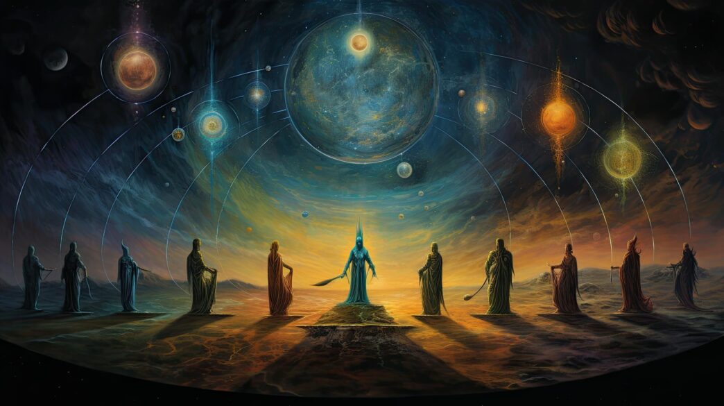 A diagram depicts the alignment of celestial bodies, such as planets and stars, in space.