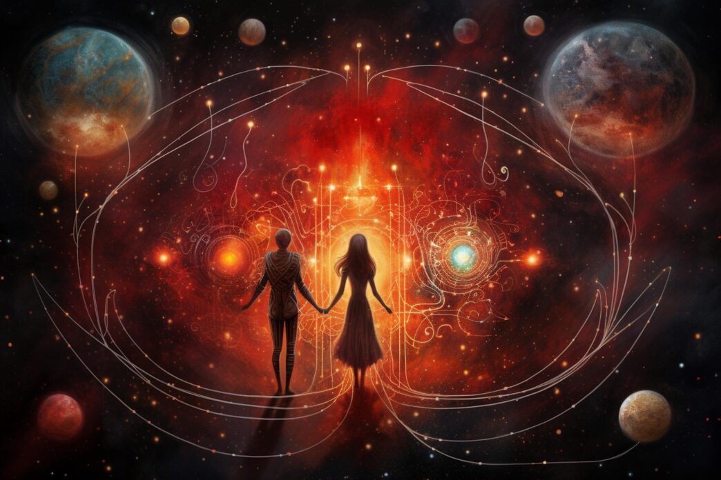 A photograph captures a couple embracing under a starry night sky, suggesting a romantic and celestial theme for Valentine's Day.