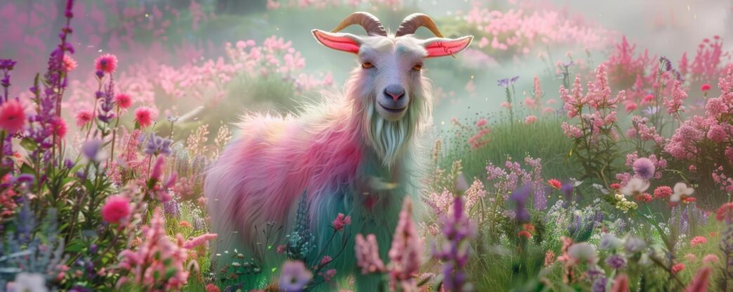 A colorful goat with pastel-colored wool stands in a field.