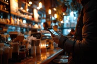 A person uses a smartphone while sitting at a table in a dimly lit coffee shop.