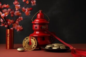 A close-up shows traditional red Chinese lanterns and pink sakura blossoms, representing the Lunar New Year.