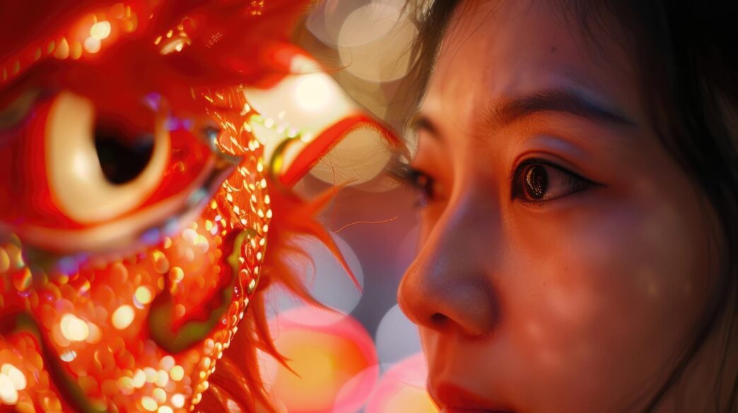 A young Chinese girl smiles while posing for a portrait with a mythical dragon at a street fair decorated with glowing red paper lanterns.