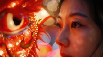A young Chinese girl smiles while posing for a portrait with a mythical dragon at a street fair decorated with glowing red paper lanterns.