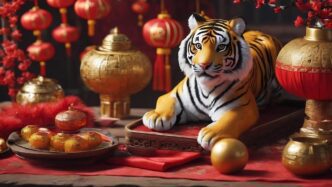 A still life depicts a tiger figurine, red envelopes, and oranges arranged for Chinese New Year.