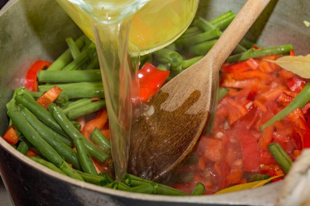Close-up of a meal, likely soup or stew, served in a bowl.
