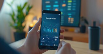 Hands using a smartphone app to track finances in a comfortable home setting.