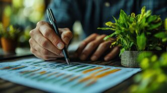 Person's hand using a pen to analyze data charts.
