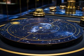 Close-up of a marble podium surface featuring swirling patterns resembling tiny galaxies.