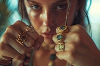 A person with both hands clenched into fists displays multiple rings on their fingers.