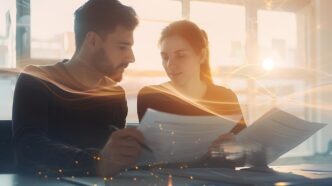 A man and a woman work together, intently reviewing documents.
