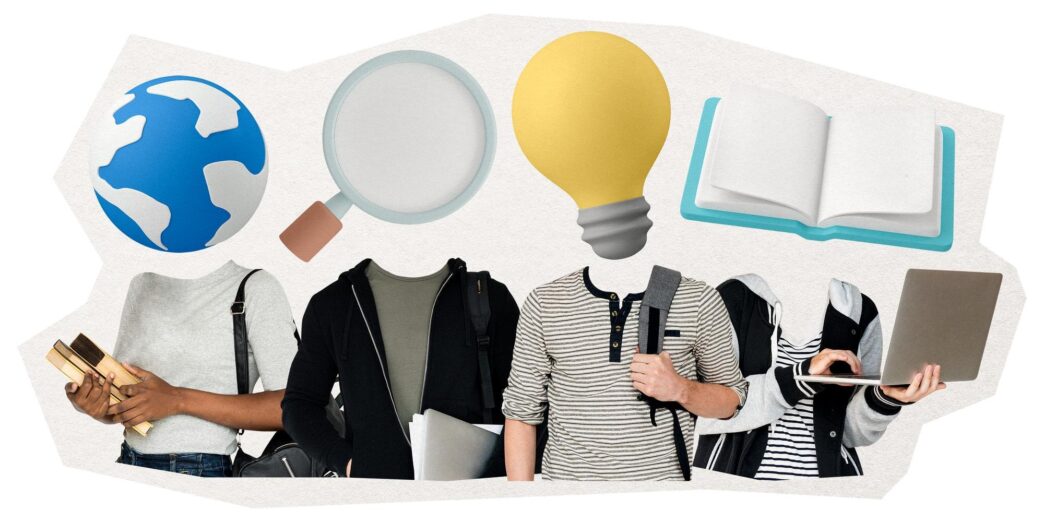 A transparent sticker featuring a creatively designed head, possibly representing a student, with elements related to education and media.