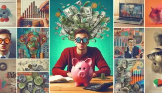 A young man uses a netbook to make an online investment, placing money into a piggy bank.