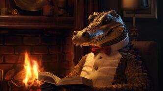 A crocodile sits near a fireplace, illuminated by candlelight, engrossed in reading a book.