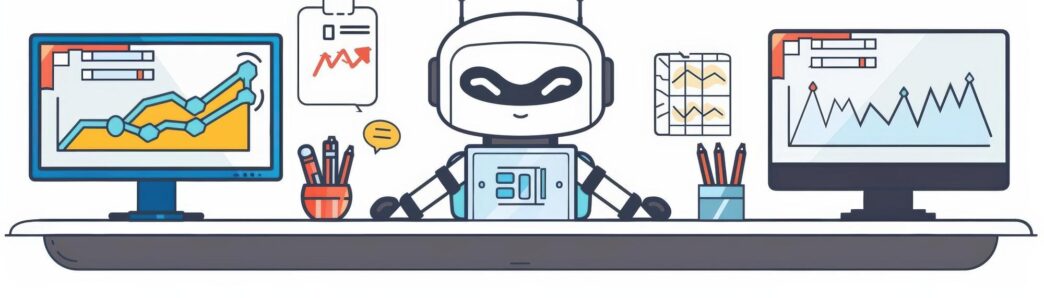 A cartoon robot manages investments and finance.