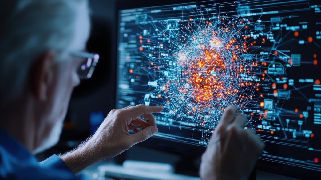 A cybersecurity specialist uses hand gestures to interact with multiple holographic monitors displaying data visualizations.