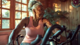 A smiling, active Black senior woman cycles outdoors.