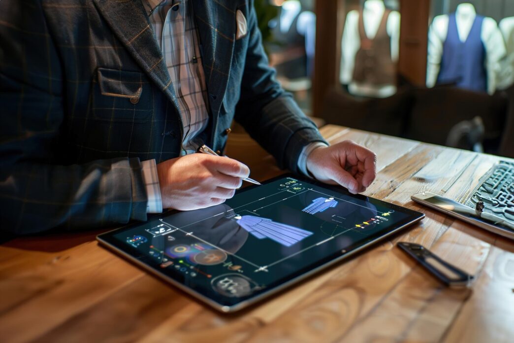 Designers collaborate, using a glowing tablet to draft futuristic clothing patterns with AI tools.