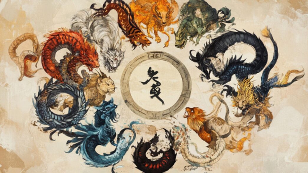 Detailed circular illustration featuring the twelve Chinese zodiac animals, each depicted in an intricate artistic style.