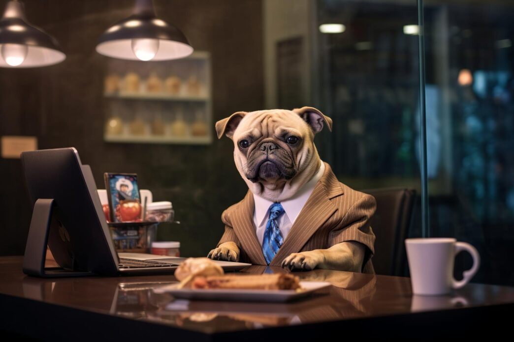 A dog wearing a suit and tie sits in an office, mimicking an executive.