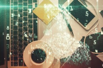 Double exposure depicts a data hologram overlaid on a top-down view of a study desk with a computer.