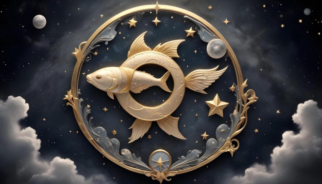 A drawing depicts the Pisces zodiac symbol, consisting of two fish swimming in opposite directions.
