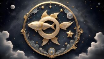 A drawing depicts the Pisces zodiac symbol, consisting of two fish swimming in opposite directions.