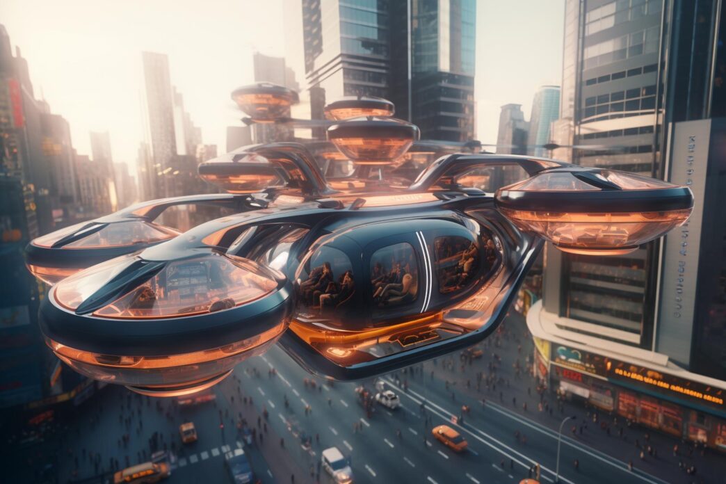 A futuristic cityscape features a drone-powered public transportation system with elevated tracks and flying vehicles.