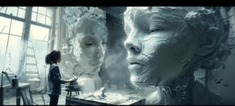 An animated figure sculpts in a bright studio.