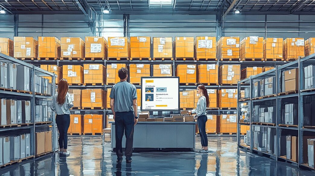 Watercolor illustration of an efficient e-commerce logistics team managing inventory and orders.