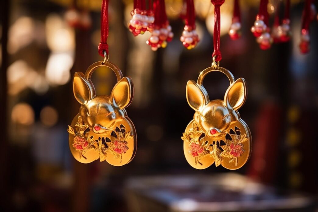 A close-up photograph showcases a pair of ornate, stylized rabbit ears decorated with intricate patterns and designs, symbolizing the Chinese New Year.