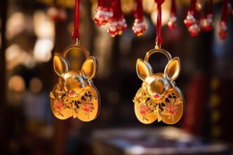 A close-up photograph showcases a pair of ornate, stylized rabbit ears decorated with intricate patterns and designs, symbolizing the Chinese New Year.