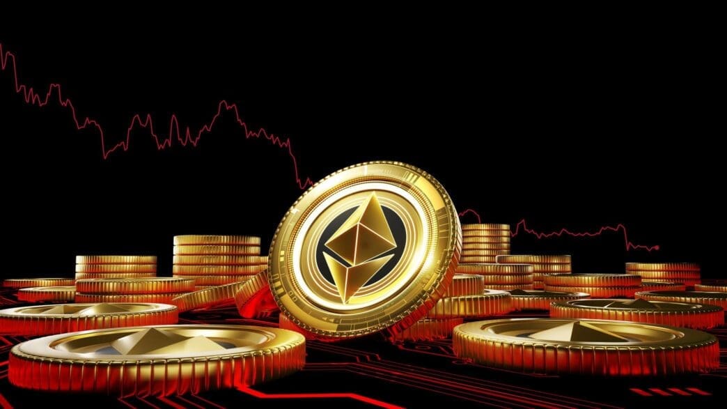 3D render of an Ethereum digital cryptocurrency symbol on a red circuit board, depicting a falling price.