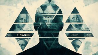 Bold, abstract imagery explores the complex relationship between identity, finance, and societal values.