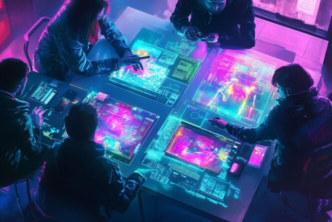 Families using a computer to create digital scrapbooks, potentially with the help of generative AI.