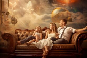 A family sits together on a couch, with a vibrant sunset visible in the background.