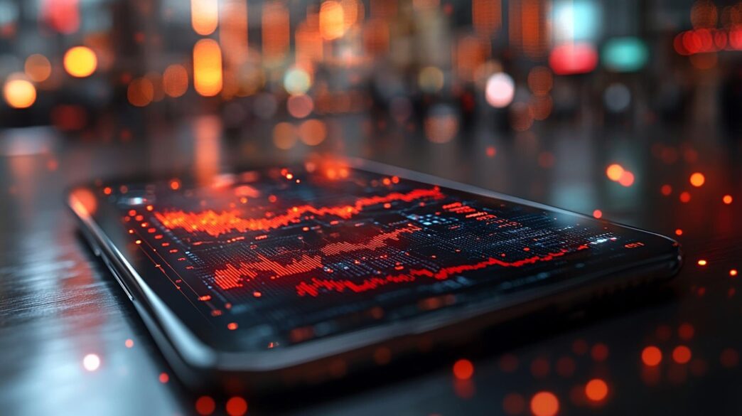 A mobile phone displays a financial graph overlaid with technology-related icons.