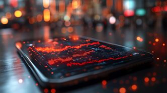 A mobile phone displays a financial graph overlaid with technology-related icons.