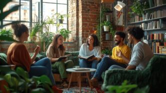 Four friends laugh together while sitting around a coffee table in a modern loft.